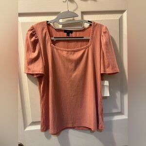 K & C Size Small Elegant Ribbed Square Neck Blouse Blush Color Puff Sleeves NWT
